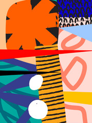 Abstract geometric collage doodle rough hand drawn vector background. Trendy contemporary aesthetic design wall art, decoration, card, poster, cover and background.