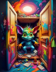 A gremlin hiding in the closet of a bedroom, pop art