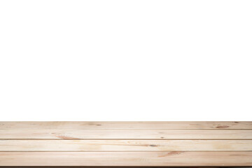 A wooden table is isolated over a white background. The table is empty and has a natural