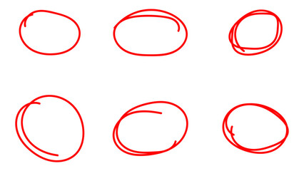 Set of hand drawn red circles and ovals. Highlight hand drawing circle isolated on white background. Round handwritten circle. For marking text, note, mark icon, vector. Vector illustration