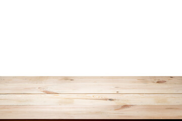 A wooden table is isolated over a white background. The table is empty and has a natural