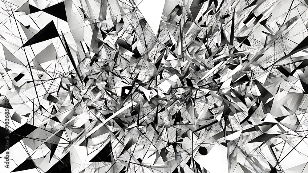 Poster a high-detail abstract design with random geometric forms interacting, creating a sense of organized