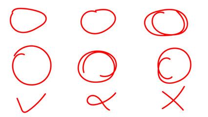 Set of hand drawn red circles and ovals. Highlight hand drawing circle isolated on white background. Round handwritten circle. For marking text, note, mark icon, vector. Vector illustration