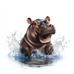 A 3Drendered baby pygmy hippo splashing in water, playful expression, soft colors, isolated on white background