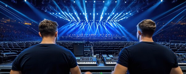 Lighting crew arranging spotlights on a concert stage, energetic preshow setup, vibrant and dynamic, production in progress