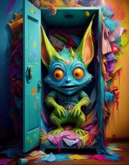 A gremlin hiding in the closet of a bedroom, pop art