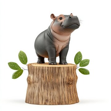 A baby pygmy hippo balancing on a tree stump, playful 3D cartoon style, soft lighting, isolated on white background
