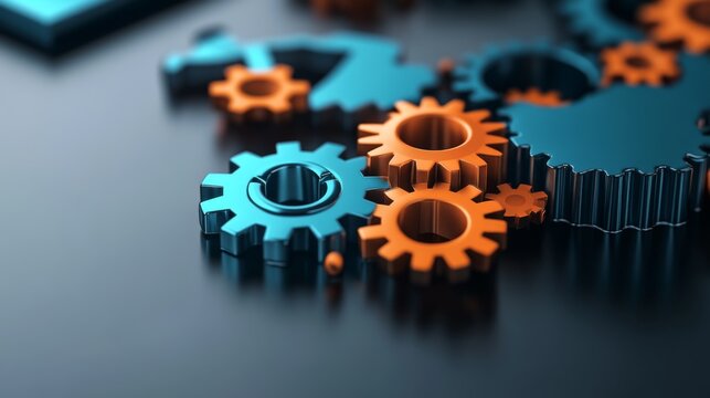 A close-up of blue and orange metal gears interlocking on a glossy surface symbolizing teamwork, engineering, and technology innovation.