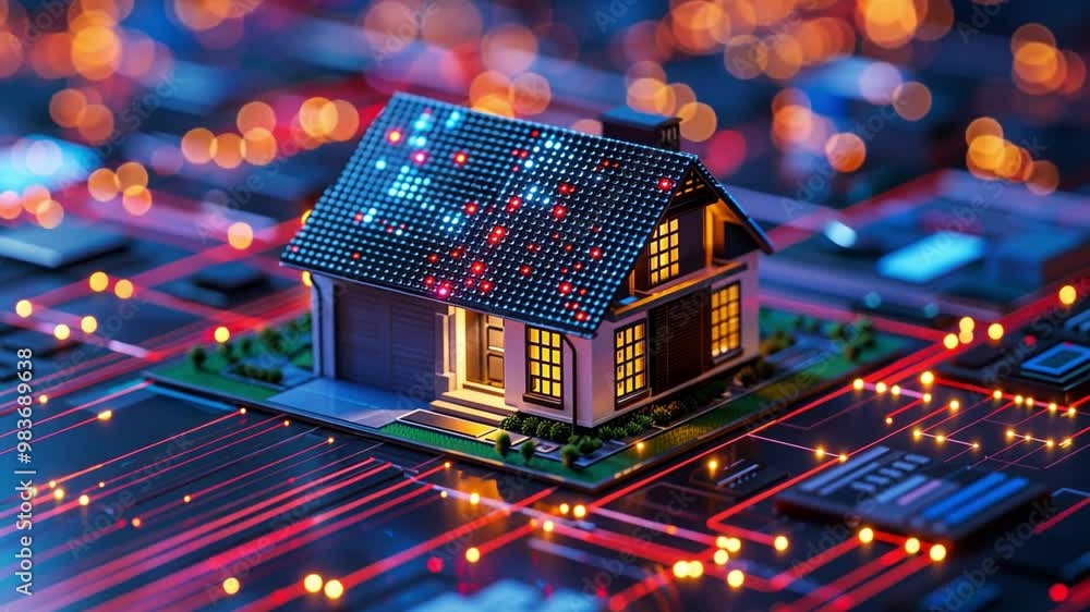 Poster a small, glowing house sits atop a vibrant circuit board, illustrating the concept of smart home tec