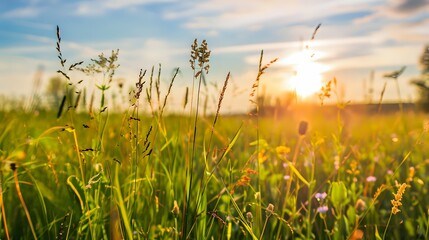Fototapeta premium Vibrant summer rustic landscape featuring tall flowering plants in a picturesque pastoral setting.