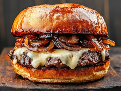 Close-up of a delicious cheeseburger with melted cheese, caramelized onions, and a juicy beef patty on a glossy, toasted bun.