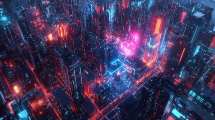 Obraz premium top view digital art featuring a futuristic city skyline, neon colors and holographic elements, creating a sci-fi dreamscape