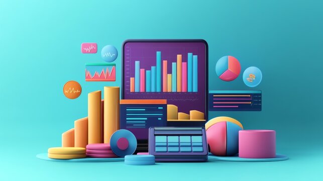 Colorful 3D data visualization with various graphs and charts representing business analytics on a turquoise background.