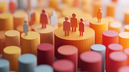 Colorful bar graph representing data analysis with human figures on top, symbolizing workforce, statistics, and demographics.