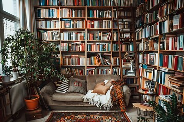 Luxury living room interior with bookshelf and armchair