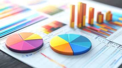 Colorful pie charts and bar graphs on a financial report, depicting business analytics and data visualization concepts.