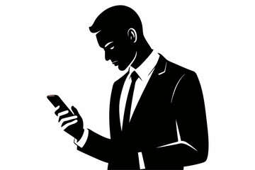 Business man browsing cell phone silhouette, man browsing cell phone vector illustration