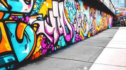 A breathtaking and detailed photo of a vibrant graffiti mural on an urban wall. Graffiti Mural. Illustration