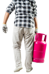 A man is holding a pink gas cylinder