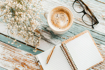 A cup of coffee sits on a table next to a notebook and a vase of flowers