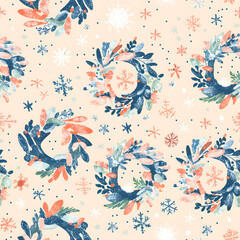 New Year's and Christmas festival seamless pattern in a 2D doodle illustrator style on pastel color backgrounds for graphic advertising.