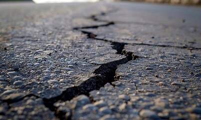 Crack of asphalt road after earthquake. Shallow depth of field