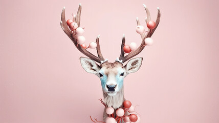 Reindeer with Christmas ornaments on its antlers