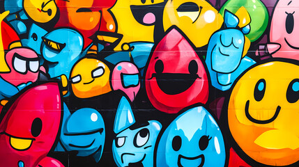 A graffiti wall filled with colorful cartoon characters. Graffiti Mural. Illustration