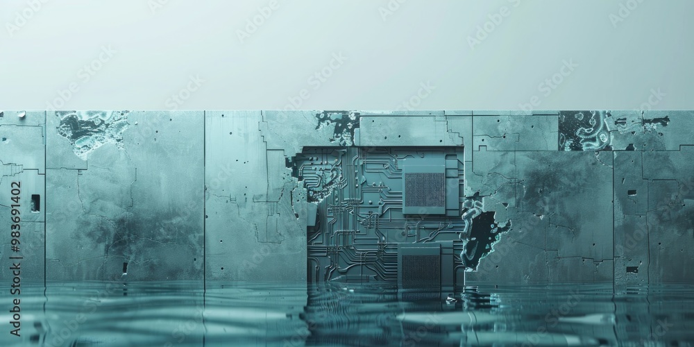 Aufkleber compromised firewall with computing network immersed in water