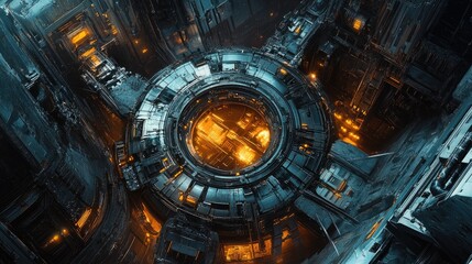 Fototapeta premium top view of digital art depicting a futuristic space station, with intricate mechanical details and glowing lights