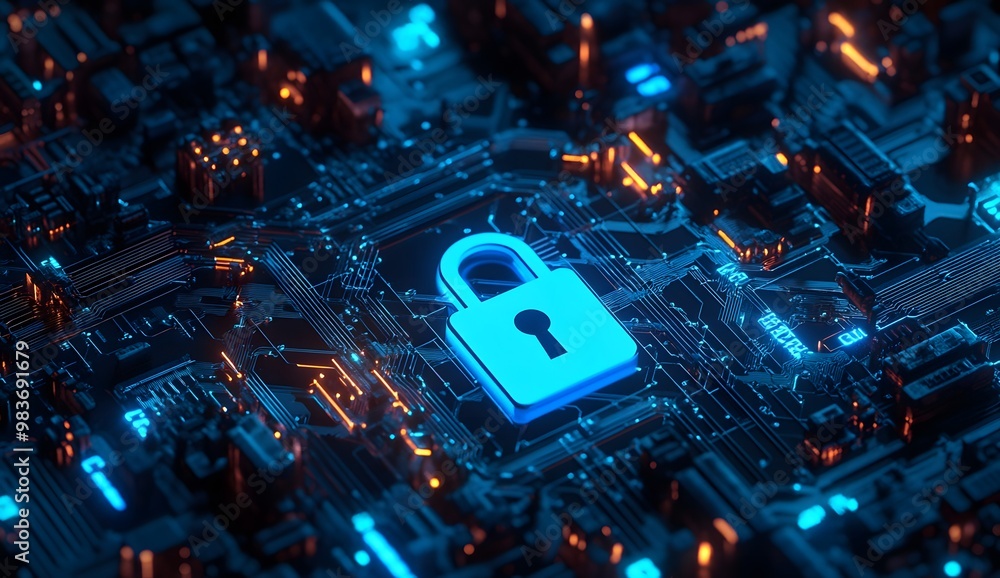 Poster a digital illustration of an illuminated lock symbol with circuit patterns,