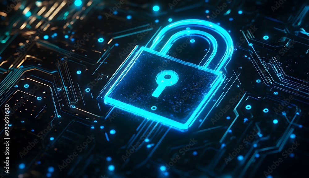 Poster a digital illustration of an illuminated lock symbol with circuit patterns,