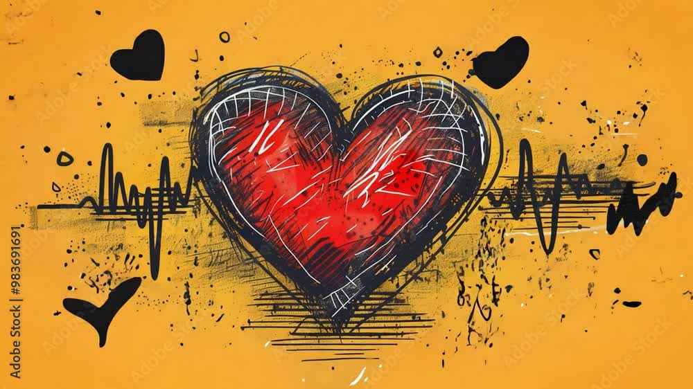 Poster A colorful heart illustration features a bold red heart shape surrounded by a heartbeat line, set against a bright yellow background filled with artistic splashes.
