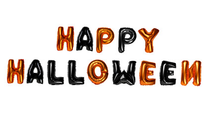 Happy Halloween is isolated over a white background. It is made of balloons and is orange and black. The balloons are arranged in a way that makes the letters look like they are popping out.