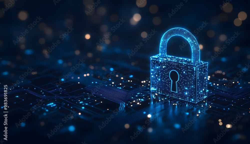 Poster a digital illustration of an illuminated lock symbol with circuit patterns,
