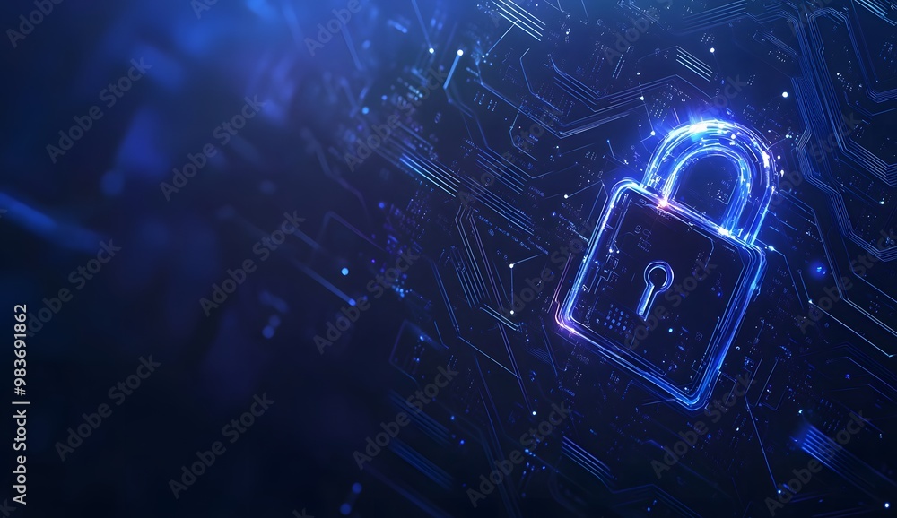 Poster a digital illustration of an illuminated lock symbol with circuit patterns,
