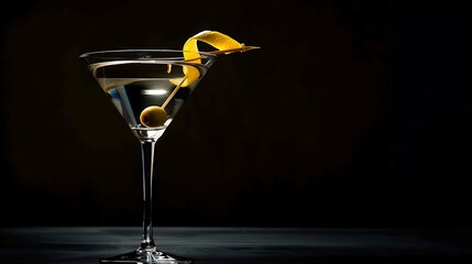 A classic martini served in a chilled glass, with a green olive skewered on a toothpick, and a lemon twist garnish, set against a sleek, dark background 