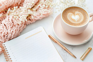 A cup of coffee with a heart on top sits on a white plate next to a notebook