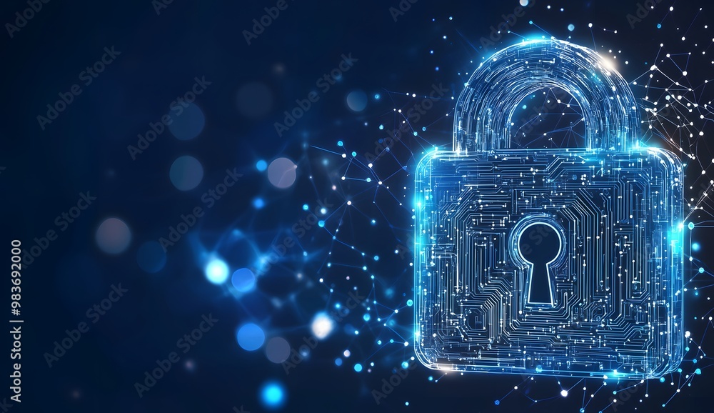 Poster a digital illustration of an illuminated lock symbol with circuit patterns,
