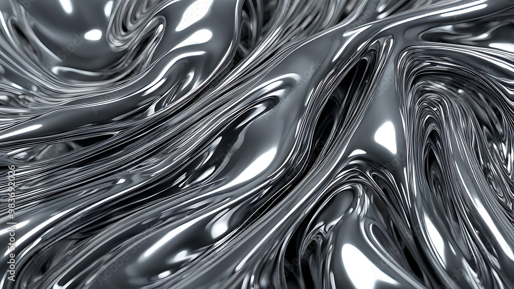 Poster abstract liquid metal forms merging into each other, with a reflective surface and intricate texture