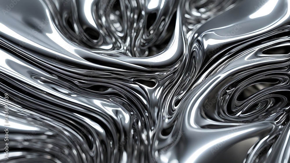 Poster abstract liquid metal forms merging into each other, with a reflective surface and intricate texture