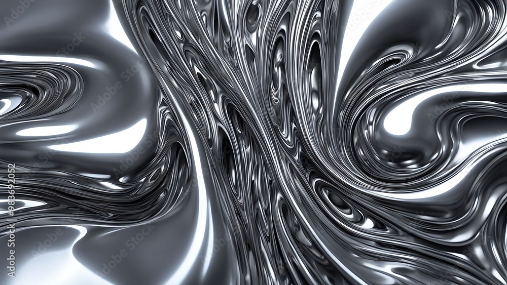 Poster abstract liquid metal forms merging into each other, with a reflective surface and intricate texture