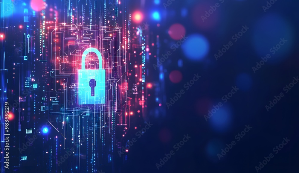 Poster a digital illustration of an illuminated lock symbol with circuit patterns,