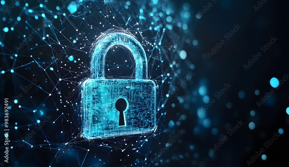 Poster a digital illustration of an illuminated lock symbol with circuit patterns,