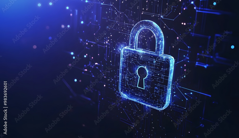Poster a digital illustration of an illuminated lock symbol with circuit patterns,