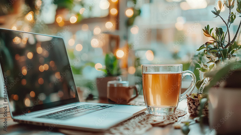 Poster a laptop is open on a table with a cup of tea next to it