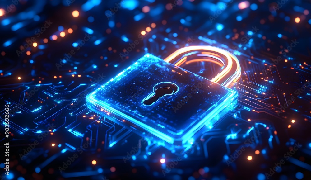 Poster a digital illustration of an illuminated lock symbol with circuit patterns,