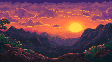 A pixel art landscape featuring a sunset over a mountainous terrain, combining retro charm with modern appeal. Pixel Art. Illustration
