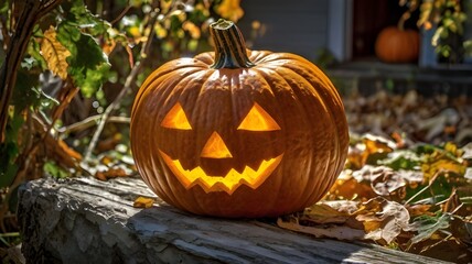 Obraz premium A glowing jack-o'-lantern with a carved grin sits among autumn leaves, capturing the spooky, festive essence of Halloween.