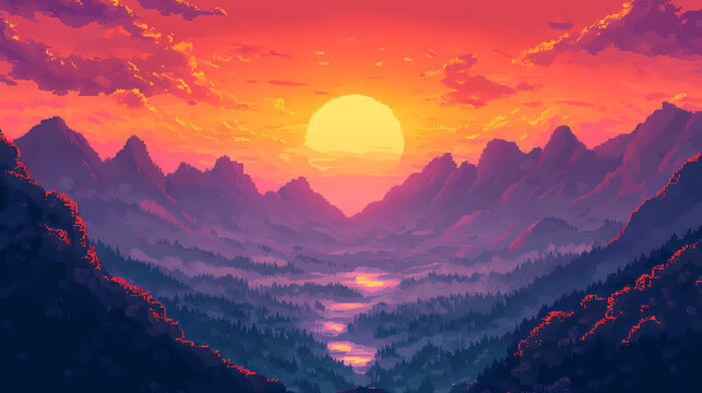 A pixel art landscape featuring a sunset over a mountainous terrain, combining retro charm with modern appeal. Pixel Art. Illustration